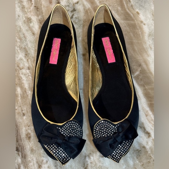 Women’s BETSEY JOHNSON black/gold rhinestone ballet flats- Size 8.5 - Picture 1 of 7